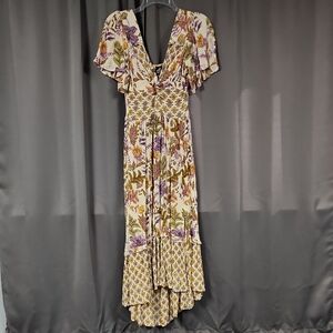 Angie High-Low Dress with Floral Design in Cream and Purple